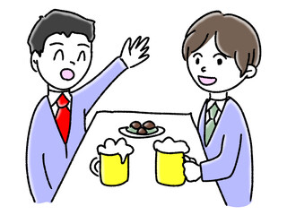酒の場で同僚と楽しく会話する会社員