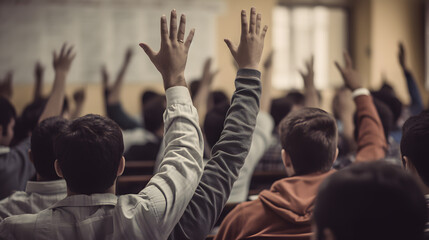 Students raise their hands to answer the teacher's questions in the classroom, many students raise their hands, back view image. - obrazy, fototapety, plakaty