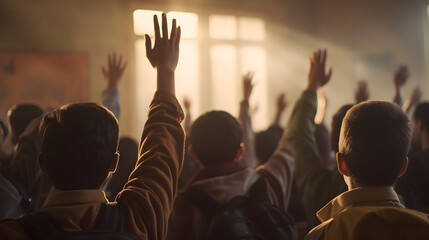 Students raise their hands to answer the teacher's questions in the classroom, many students raise their hands, back view image. - obrazy, fototapety, plakaty