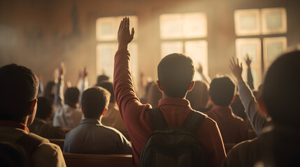 Students raise their hands to answer the teacher's questions in the classroom, many students raise their hands, back view image.
