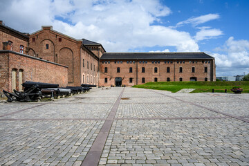 Historic Akershus Fortress in the city center of Oslo, Norway, canons lined up in an outdoor...