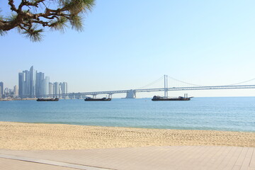Morning View of Gwangalli Beach and the Suspension Bridge, Busan, South Korea