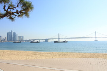 Morning View of Gwangalli Beach and the Suspension Bridge, Busan, South Korea