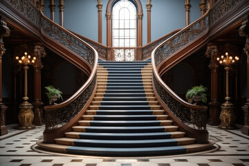 Fototapeta premium interior of stair the palace,Entrance with symmetrical stairs of an abandoned casino. Sunlight shines through the windows and lights the darkness.