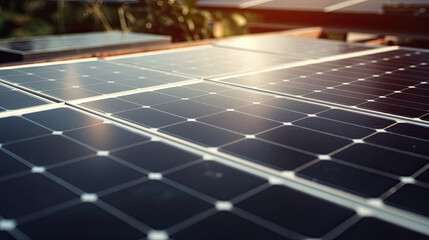 Closeup of surface of blue photovoltaic solar panels mounted on building roof for producing clean ecological electricity. Production of renewable energy concept. - obrazy, fototapety, plakaty