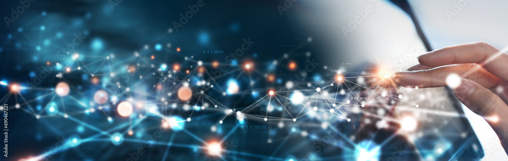 Aufkleber digital technology, internet network connection concept. finger touching on virtual screen with futu