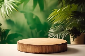 Cosmetics product advertising stand. Exhibition wooden podium on green background with palm leaves and shadows. Empty pedestal to display product packaging. Mockup. generative ai.