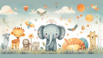 Pastel painting cartoon elephant nature animal in park garden, childish design style. - obrazy, fototapety, plakaty