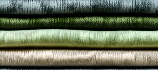 Fabric textile samples. Green colors range material. Generative AI technology.