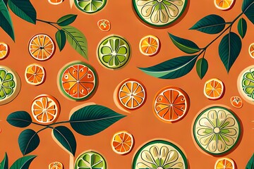 seamless pattern with oranges, periodical pattern with oranges and leaves