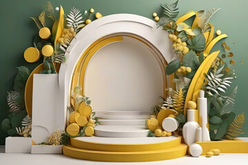 Set of yellow and white 3D background with products podium arch shape and green lea - obrazy, fototapety, plakaty