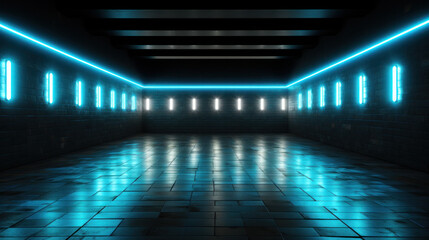Warehouse for storage of various sci-fi goods and equipment with blue neon lights