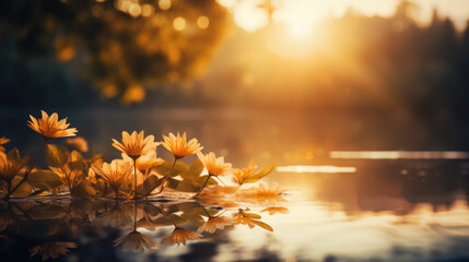 Flowers in the middle of a pond taking on the color of a golden sunset
