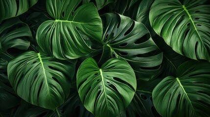 Monsterra leaf plant close up dark light. - obrazy, fototapety, plakaty