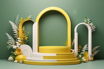 Set of yellow and white 3D background with products podium arch shape and green lea - obrazy, fototapety, plakaty
