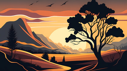 "Image of a surreal landscape, solitary mountains, sun, flora, and fauna, nature."