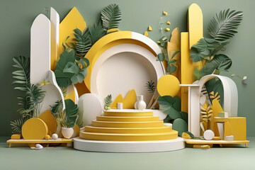 Set of yellow and white 3D background with products podium arch shape and green lea