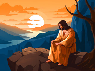 Jesus sitting at mountaintop in the evening