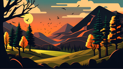 "Image of a surreal landscape, solitary mountains, sun, flora, and fauna, nature."