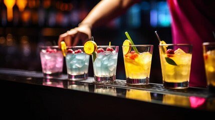 A Close-Up View of Cocktail Glasses Brimming with Vibrant Fruit Mixtures - obrazy, fototapety, plakaty
