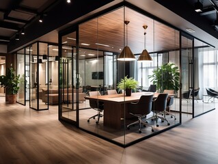 abstract corporate environment with glass wall partition - modern office interior design