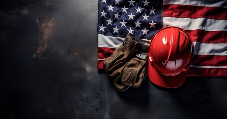 Building the Nation - Happy Labor day concept. American flag with different construction tools on dark stone background. Generative AI