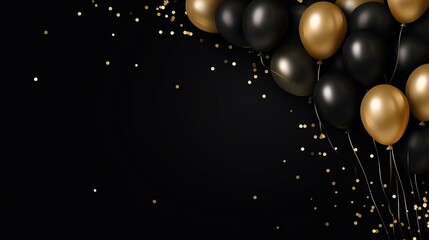 gold Balloon decoration in black background. Concept of birthday celebration, party, new year, christmas with sparkling shards. Used for template or background, banner.