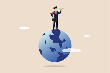 Global or world business vision, international business opportunities, concept of looking for a job, career or working abroad, businessman standing on a globe looking using a telescope to find success