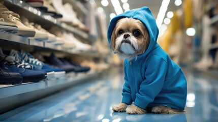 A small Shih Tzu dog wearing a blue hoodie in a store. Generative AI. - Powered by Adobe