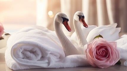 Fototapeta na wymiar Elegantly Crafted Towel Swans and a Rose Flower Adorning the Bedroom for a Honeymoon Couple