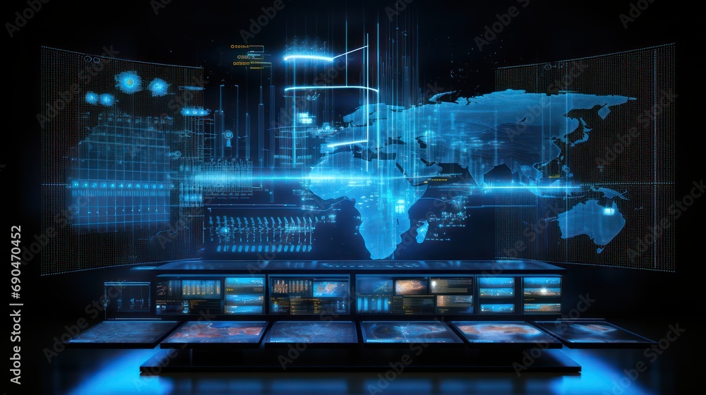 Poster a hologram screen display with a world map background with future sophistication