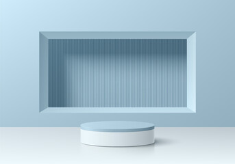 Abstract 3D realistic blue white cylinder podium pedestal background with square frame on wall scene. Minimal mockup or product display presentation, Stage showcase. Platforms vector geometric design.