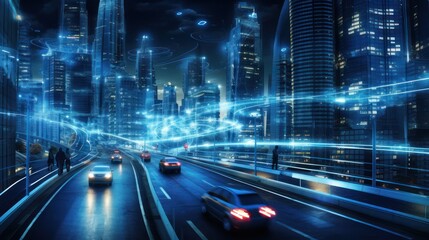 Smart city with views of street lights, electric cars driving on the toll road.
