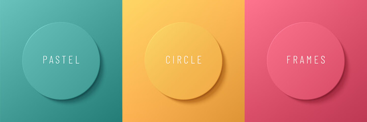 Set of 3d green blue, orange and pink pastel color circle frame design in minimal style. Collection of trendy color geometric background with copy space. Top view scene of podium. Vector illustration