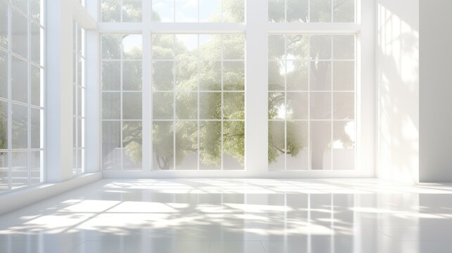 Room in the house with spacious classic windows, looking at the view of the yard with bright sunlight.