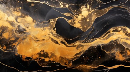 Abstract marble marbled ink painted painting texture luxury background banner - Black gray swirls gold painted splashes.  Generated with AI.