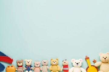a top vie flat lay background border of children's or pet's toys stuffed animals and miniature cars on a pastel blue background with negative copy space