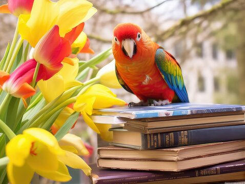 a parrot perched on a pile of travel books, with spring flowers in the background, celebrating World Book Day