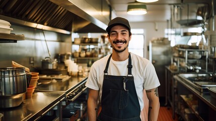 Line Cook Man Wearing Black Apron In Restaurant Kitchen.  (Generative AI).