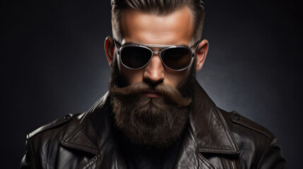 Close-up image of serious brutal bearded man on dark background Confident and dramatic concept - obrazy, fototapety, plakaty