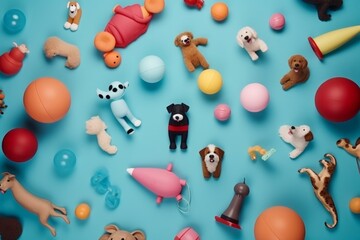 a top vie flat lay background of children's or pet's toys stuffed animals and miniature cars on a pastel blue background - obrazy, fototapety, plakaty