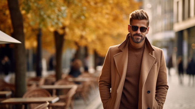 Spring - autumn outfit. Street fashion. Adult man in hat, sweater and wool coat.