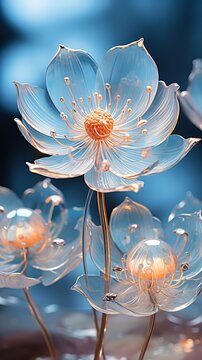 Plastic Flowers Vase Dimensional Cyan Gold Led Light Two Magnificent Jelly Fish Lotus Amazing Craftsmanship Fine Details Japanese Glass House