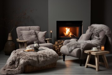 Cozy and Stylish Living Room with Black Fireplace and Fur-covered Chairs