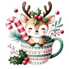 Cute reindeer in Festive Christmas Mug with Candy and Holly
