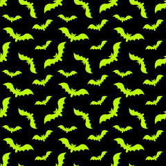 Lime Green Glowing Neon Bats on Black Seamless Tile
