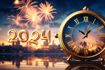Happy New Year 2024 golden clock design on dark background