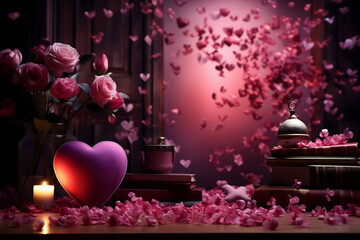 valentines day background, social media background for vday, full of romance cards with love, red rose and candles	