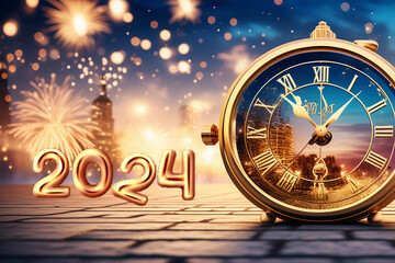 Happy New Year 2024 golden clock design on dark background