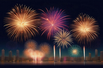 View of fireworks for celebrate on new year, watercolor style